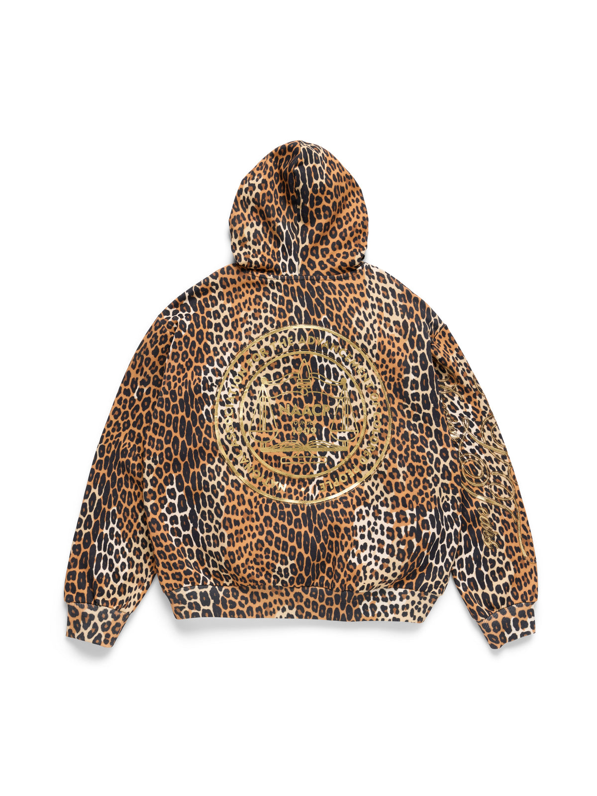 A leopard print Denim Tears Hoodie shown from the back, featuring a large metallic gold circular graphic on the center back. The hoodie has a brown, black, and beige animal print pattern with a gold logo overlay.