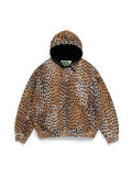 A hooded zip-up Denim Tears Hoodie featuring a brown, black, and beige leopard print pattern, displayed flat against a light gray background.