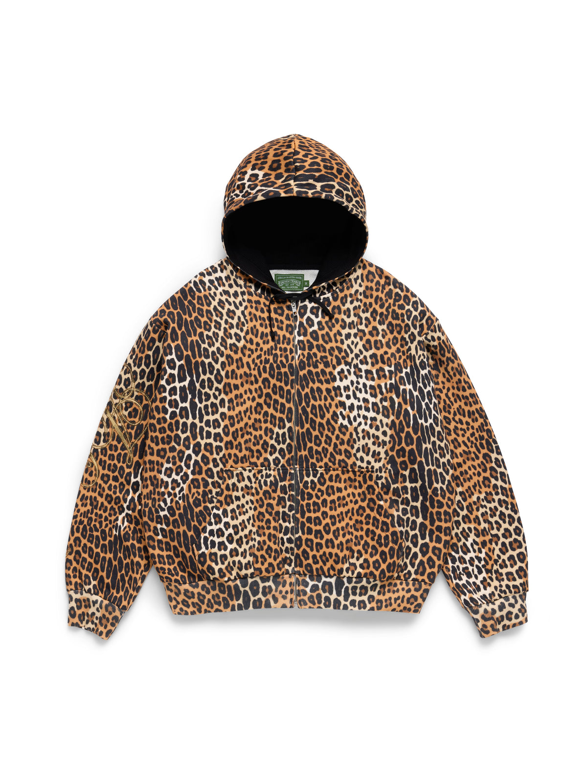 A hooded zip-up Denim Tears Hoodie featuring a brown, black, and beige leopard print pattern, displayed flat against a light gray background.
