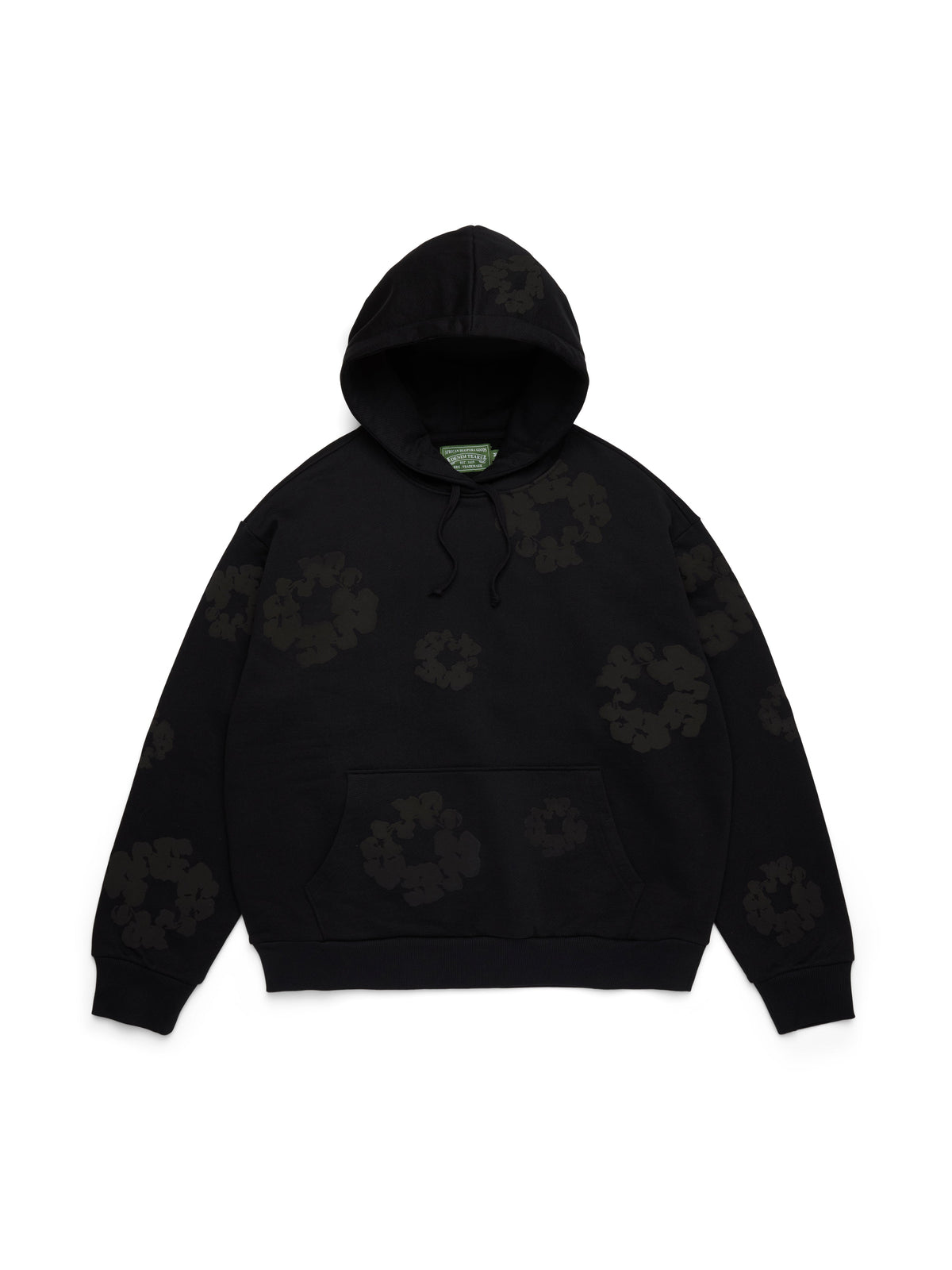 Black Denim Tears hoodie with floral patterns on a white background