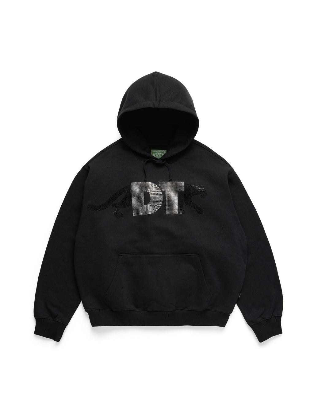 A black pullover Denim Tears hoodie with a large distressed gray 'DT' logo and a dark silhouette graphic across the chest, displayed on a clean white background.