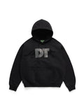 A black pullover Denim Tears hoodie with a large distressed gray 'DT' logo and a dark silhouette graphic across the chest, displayed on a clean white background.