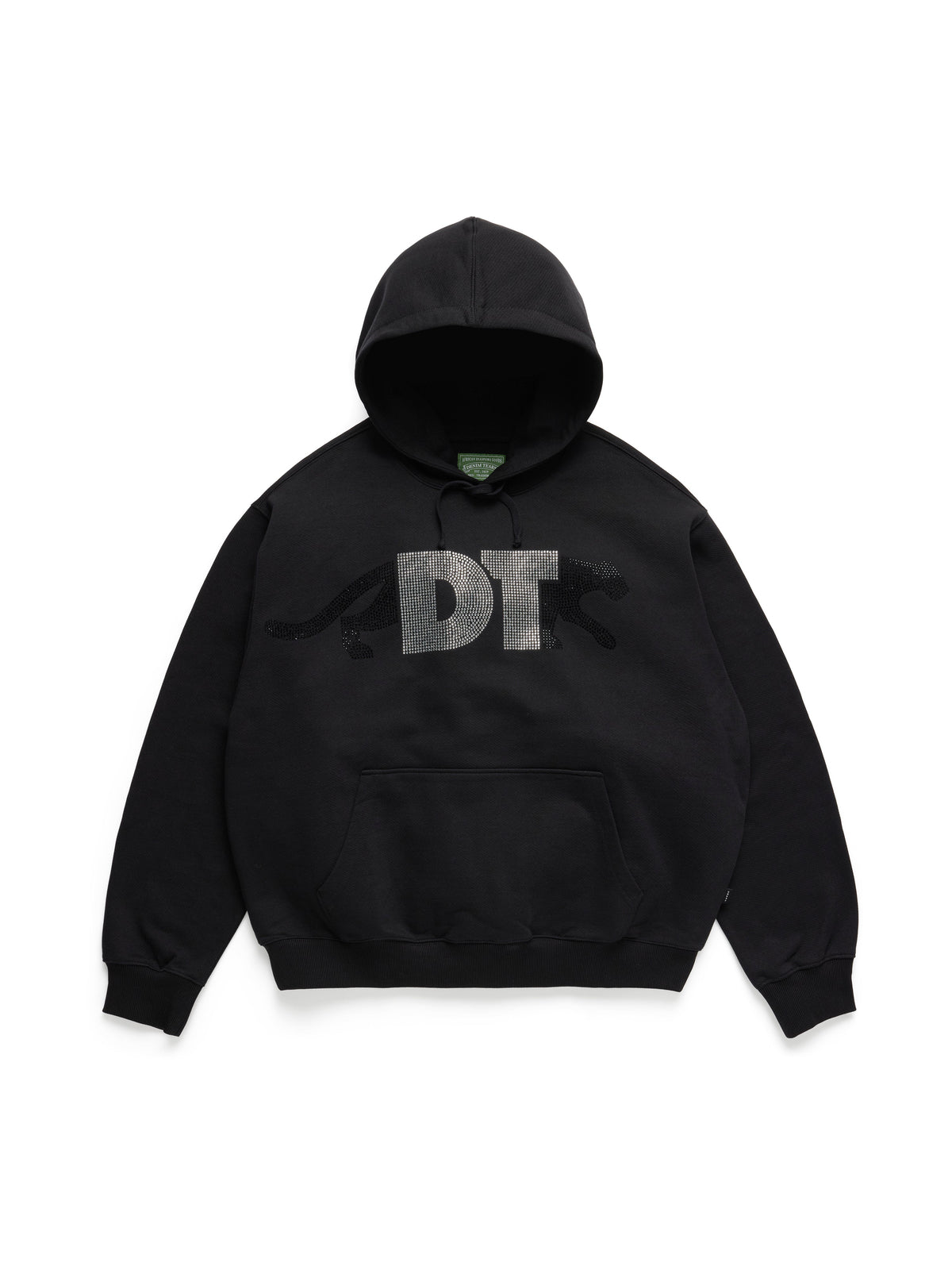 A black pullover Denim Tears hoodie with a large distressed gray 'DT' logo and a dark silhouette graphic across the chest, displayed on a clean white background.