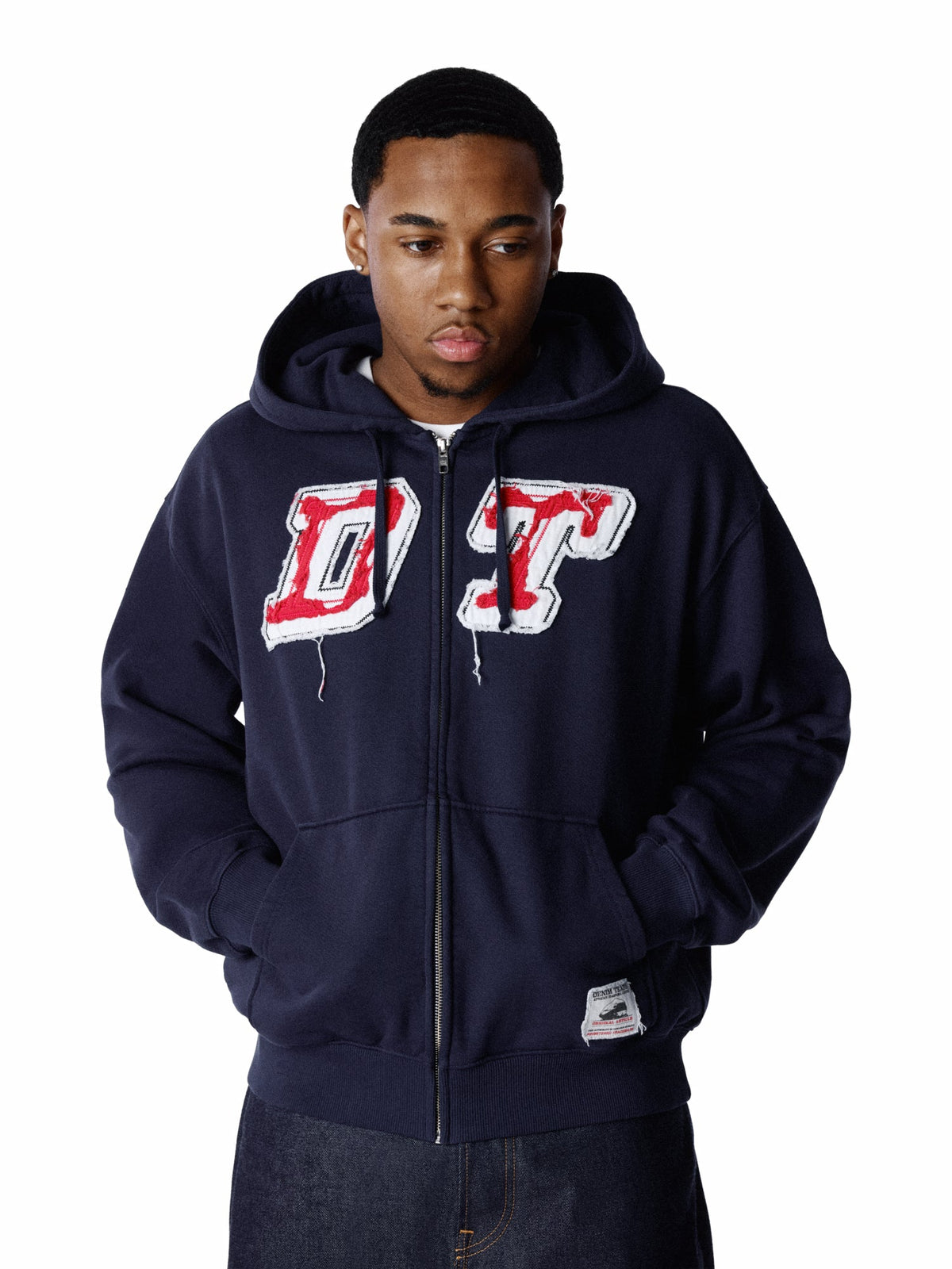 Distressed Tackle Twill Zip Up Hoodie Navy