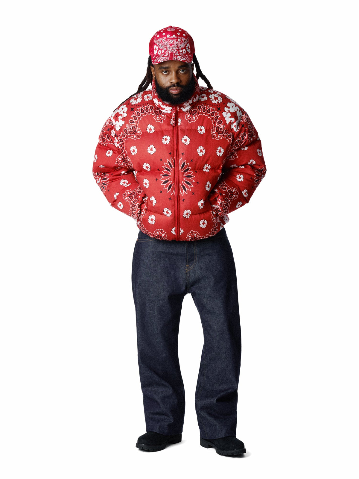 Cotton Wreath Paisley Puffer Jacket Red