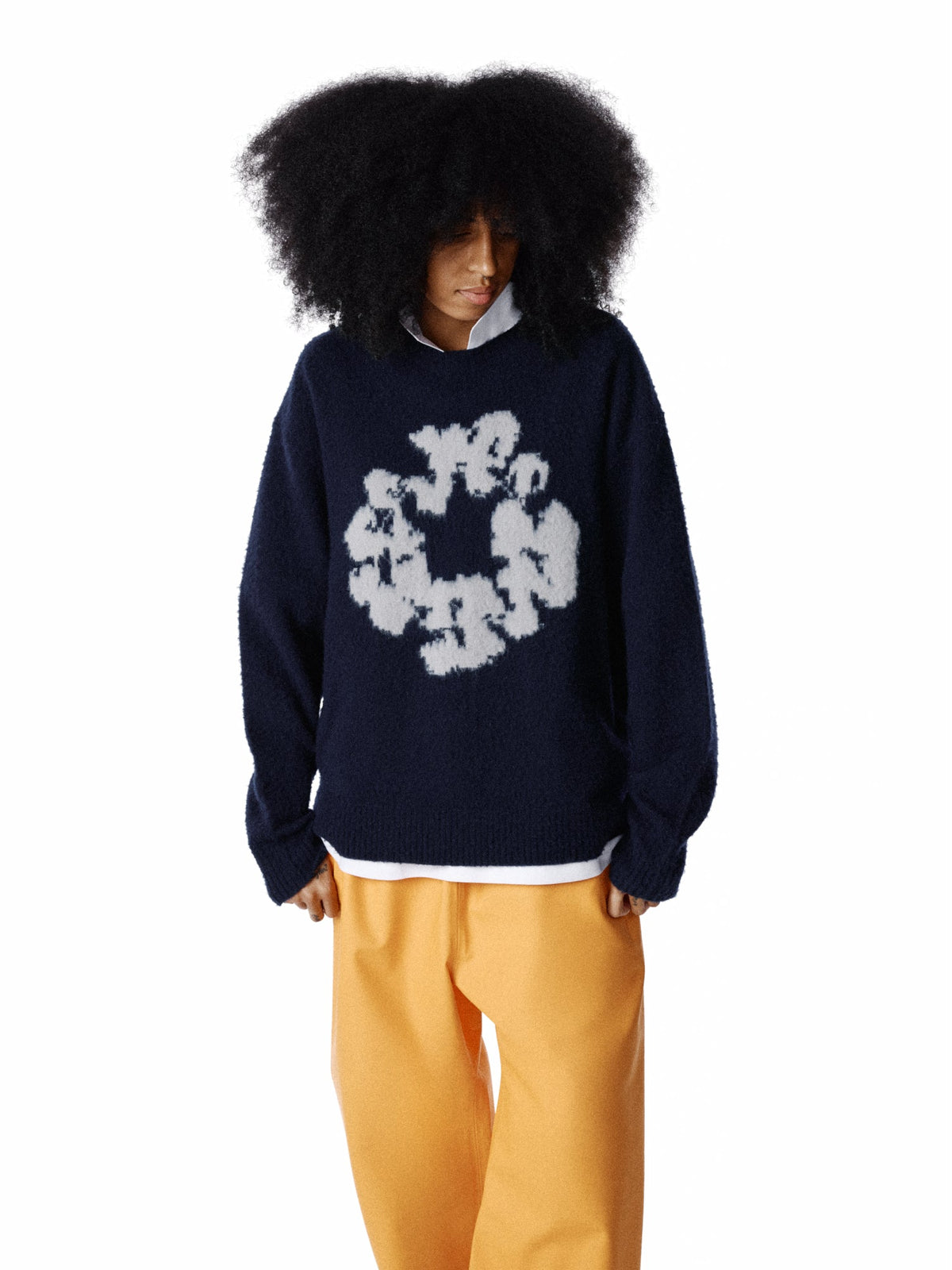 Pilled Cotton Wreath Sweater Navy