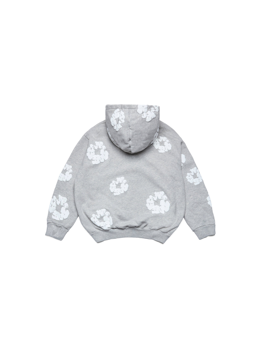 Gray Denim Tears hoodie with white floral patterns on a white background