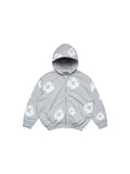 Gray Denim Tears hoodie with white floral patterns on a white background
