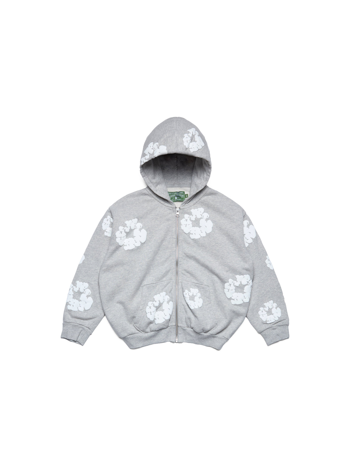 Gray Denim Tears hoodie with white floral patterns on a white background