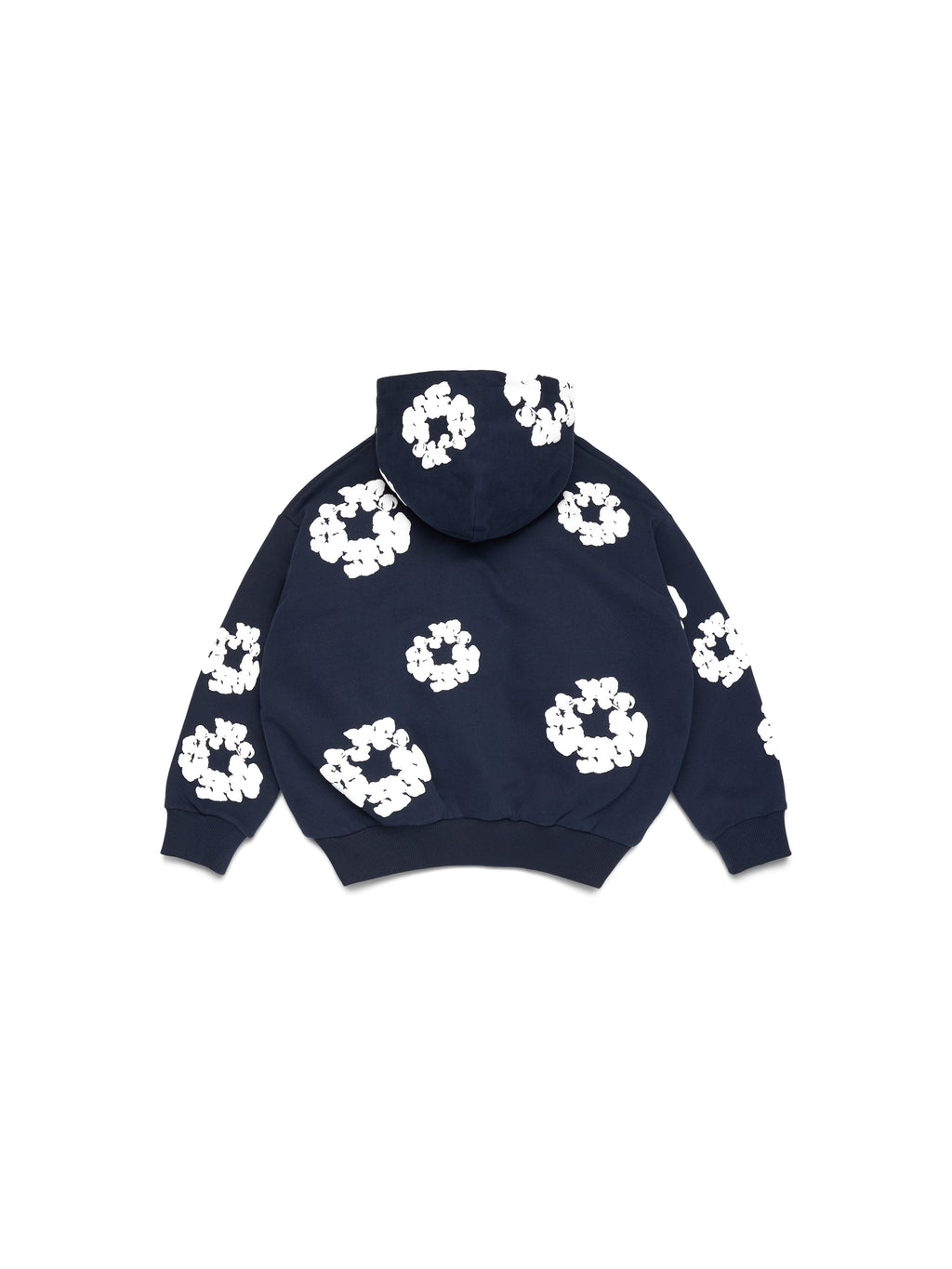 Navy Denim Tears hoodie with white floral patterns on a white background