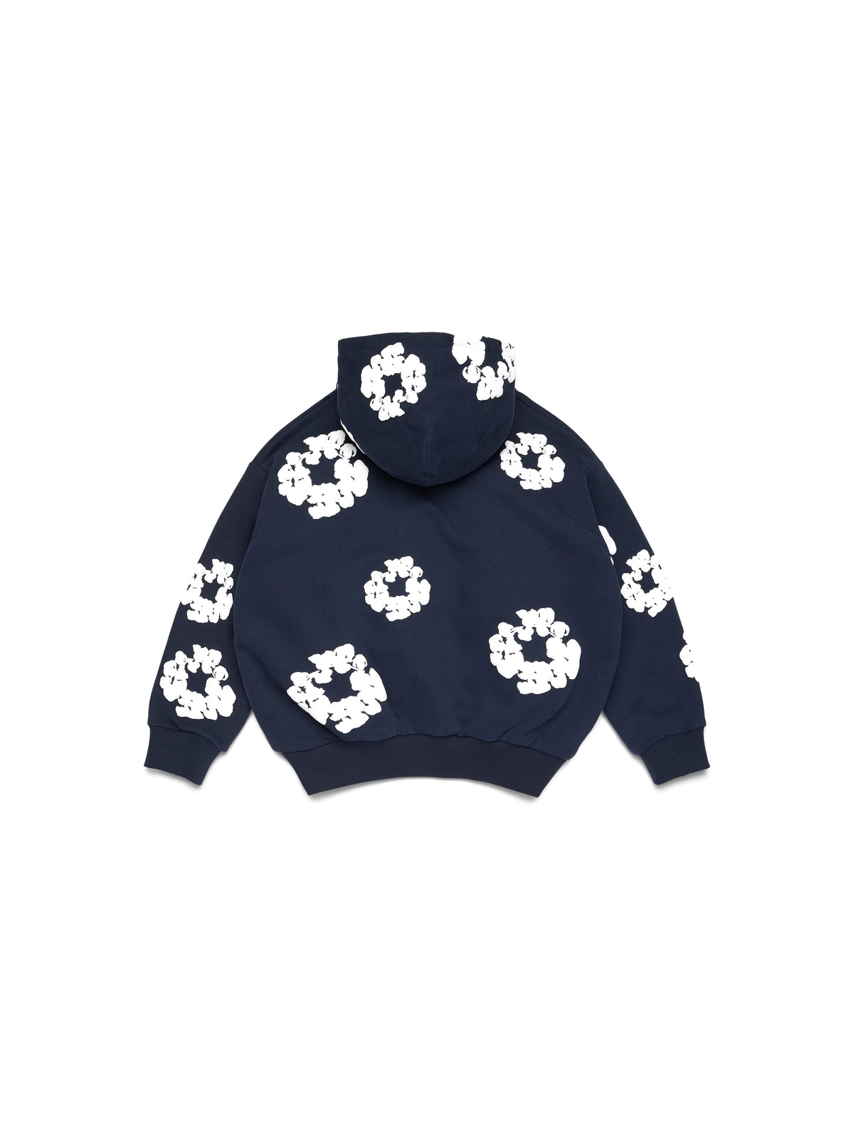 Navy Denim Tears hoodie with white floral patterns on a white background
