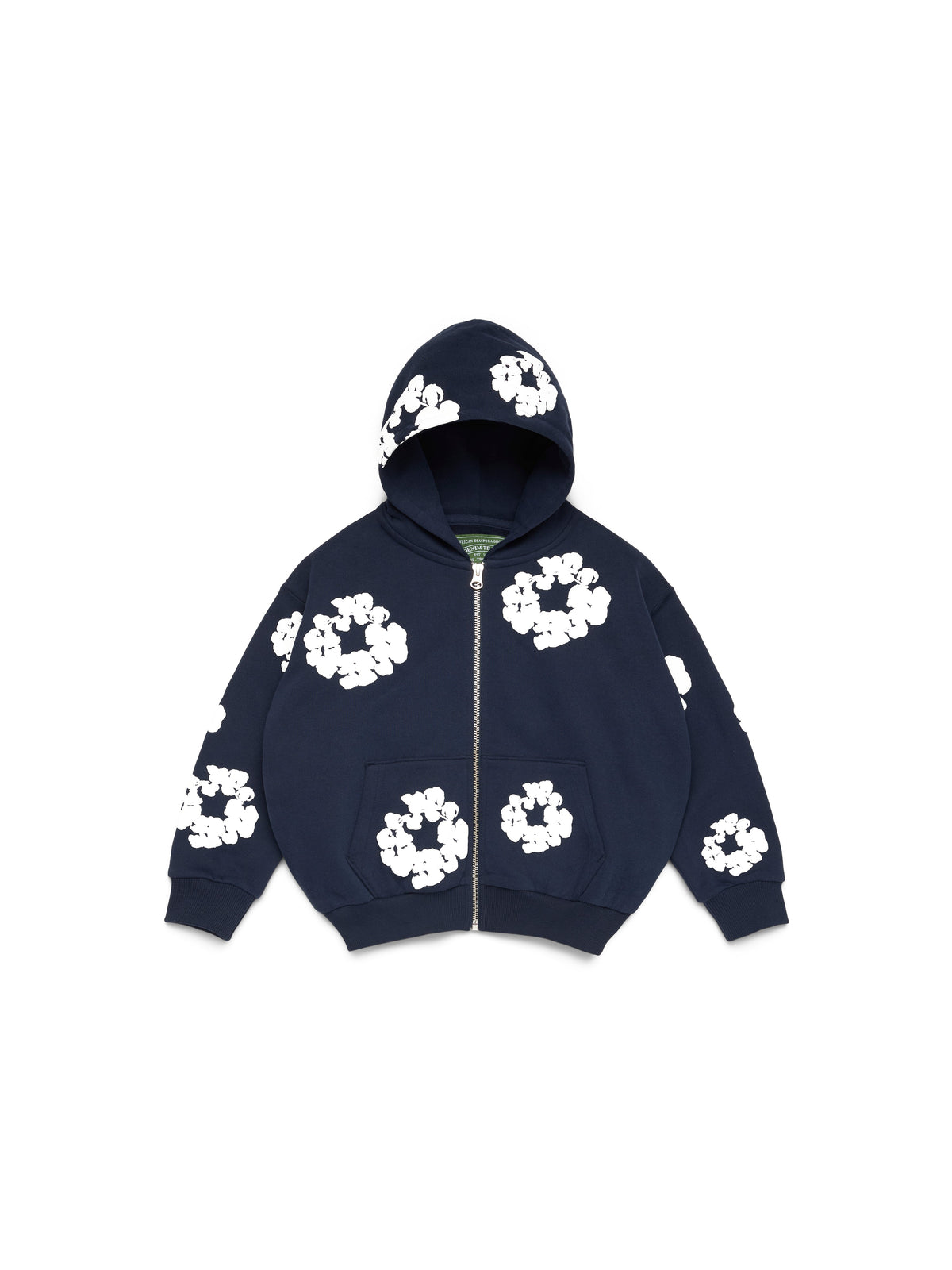 Navy blue Denim Tears hoodie with white floral patterns on a white background