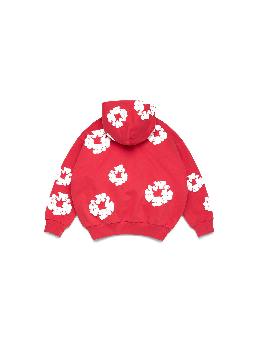 Red Denim Tears hoodie with white floral patterns on a white background