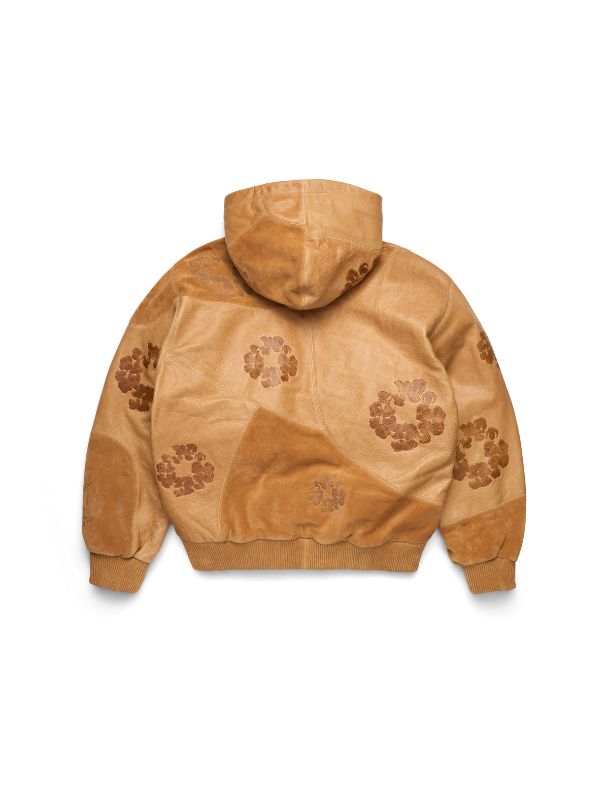 Brown Denim Tears Hooded jacket with floral patterns on a white background