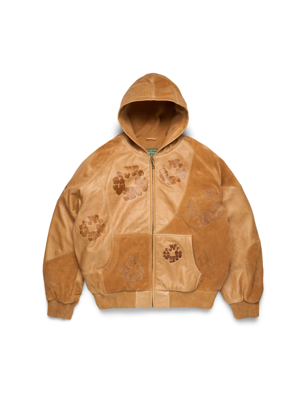 Brown Leather Denim Tears Hooded jacket with patches on a white background