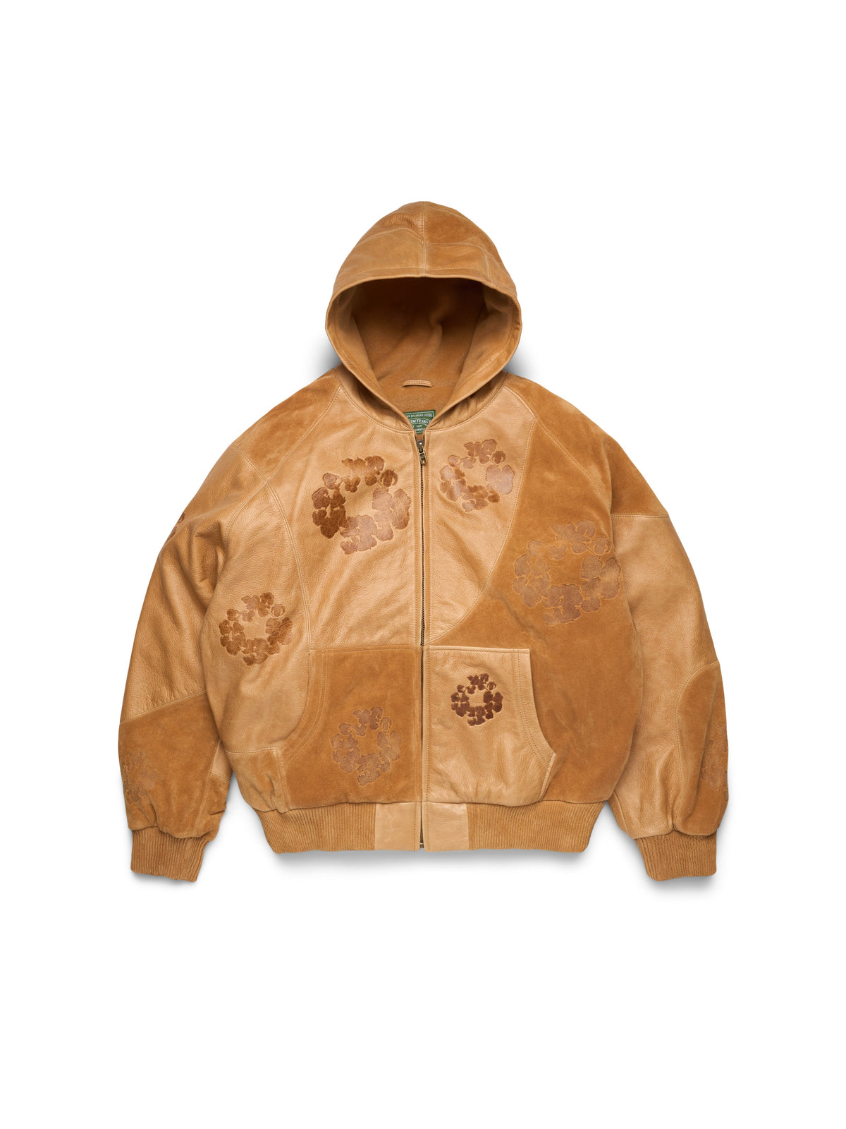 Brown Leather Denim Tears Hooded jacket with patches on a white background