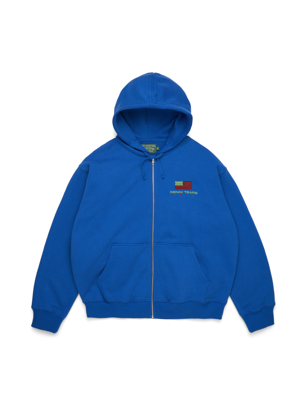 Blue Denim Tears hoodie with a small logo on a light gray background