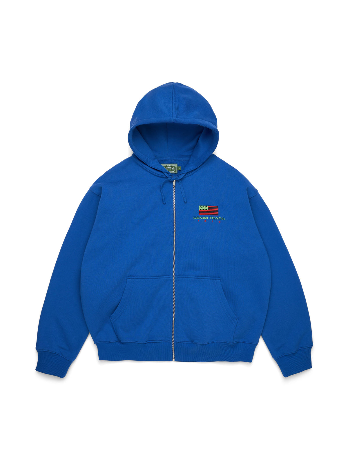 Blue Denim Tears hoodie with a small logo on a light gray background