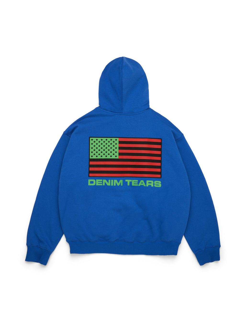Blue Denim Tears hoodie with a large back logo on a light gray background