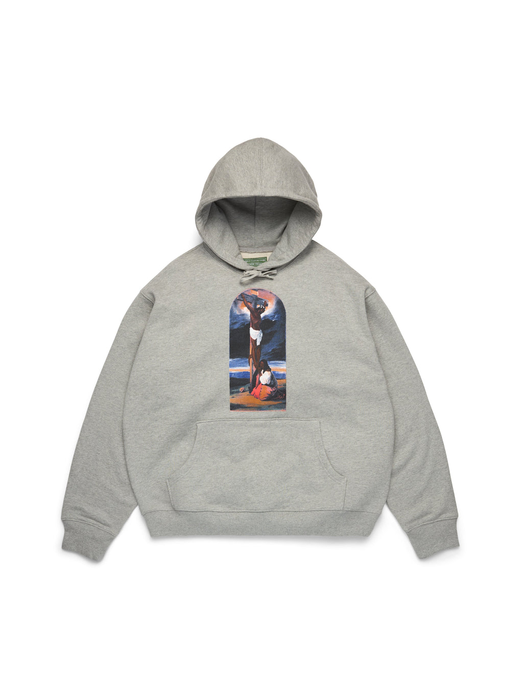 Gray Denim Tears hoodie with a colorful graphic on the chest against a white background