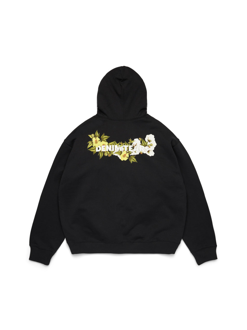 Black Denim Tears  hoodie with floral design and text on a white background
