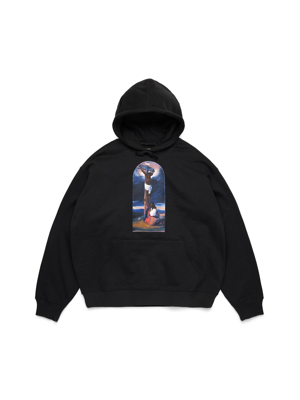 Black Denim Tears hoodie with a graphic design on a white background