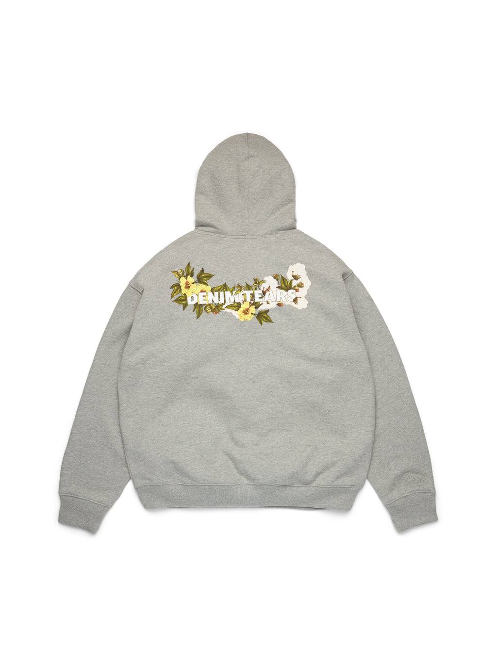 Gray Denim Tears hoodie with floral design and text on the back against a white background