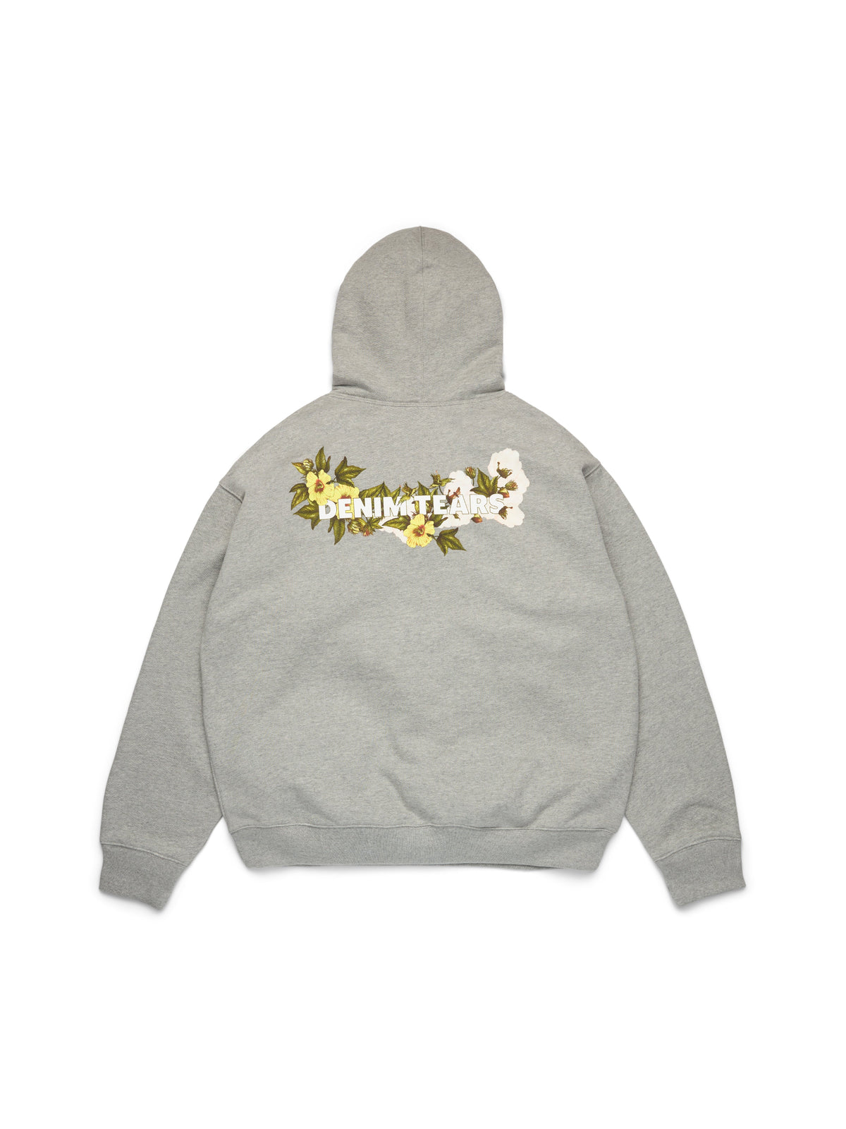 Gray Denim Tears hoodie with floral design and text on the back against a white background