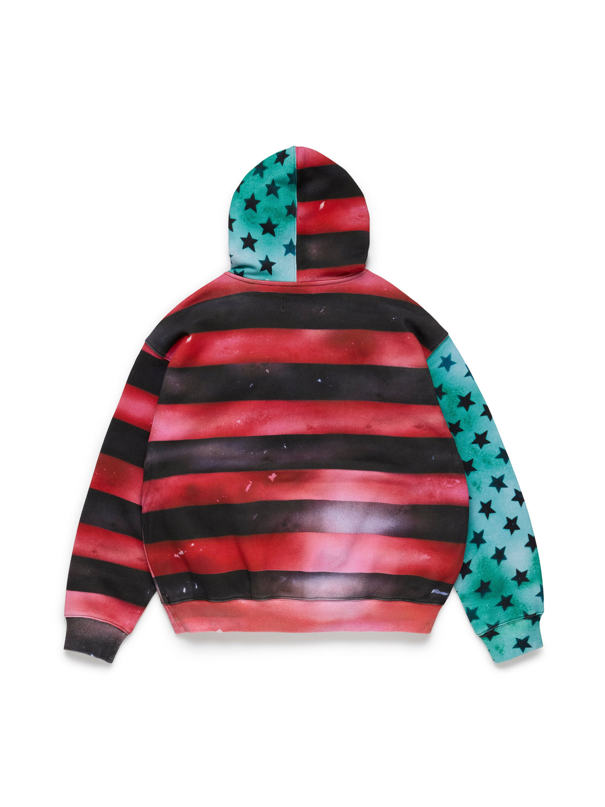 A DENIM TEARS Hoodie shown from the back, featuring horizontal red and black stripes across the body, a teal hood panel with black stars, and matching teal sleeves with black stars.