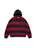 Red and black striped denim tears hoodie with a brand logo on a white background