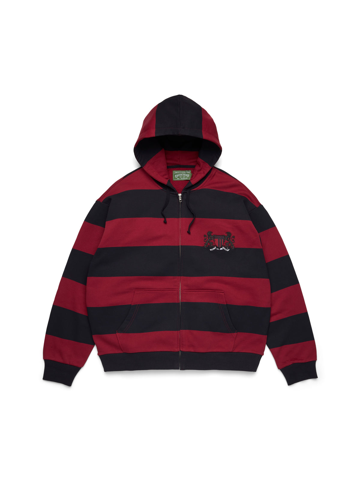 Red and black striped denim tears hoodie with a brand logo on a white background