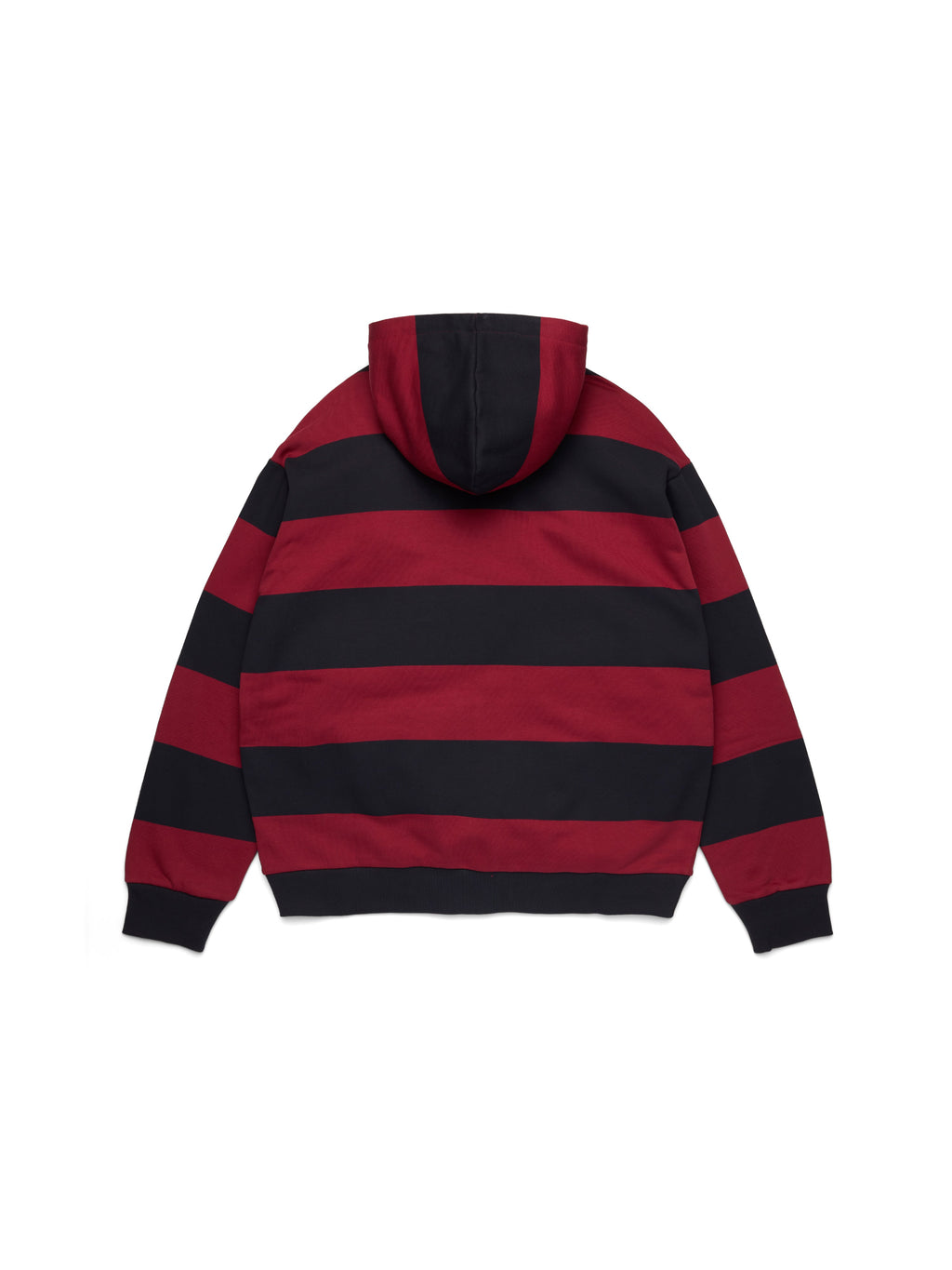 Red and black striped denim tears hoodie on a white background