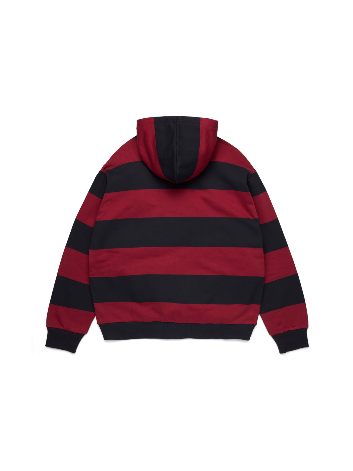 Red and black striped denim tears hoodie on a white background